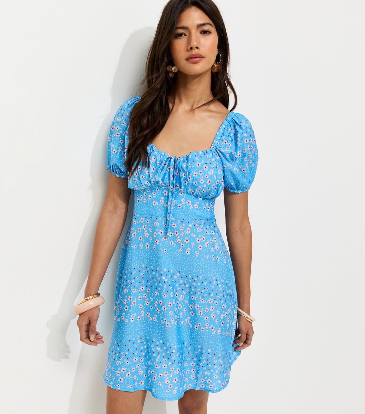 New Look Women's Blue Daisy Pattern Milkmaid Mini Dress New Look