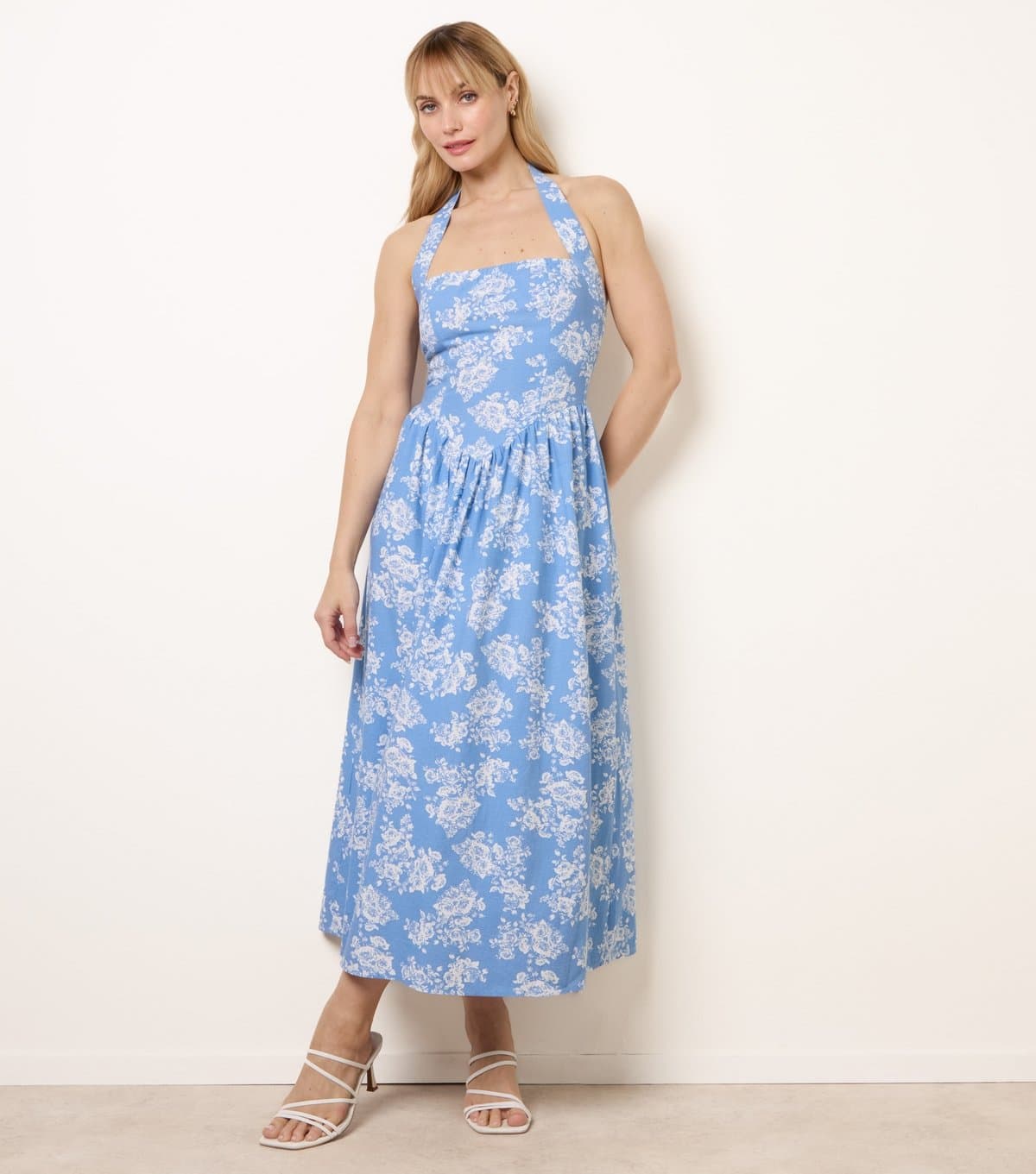 Blue Vanilla Women's Blue Floral Print Halter Neck Midi Dress Blue Vanilla New Look
