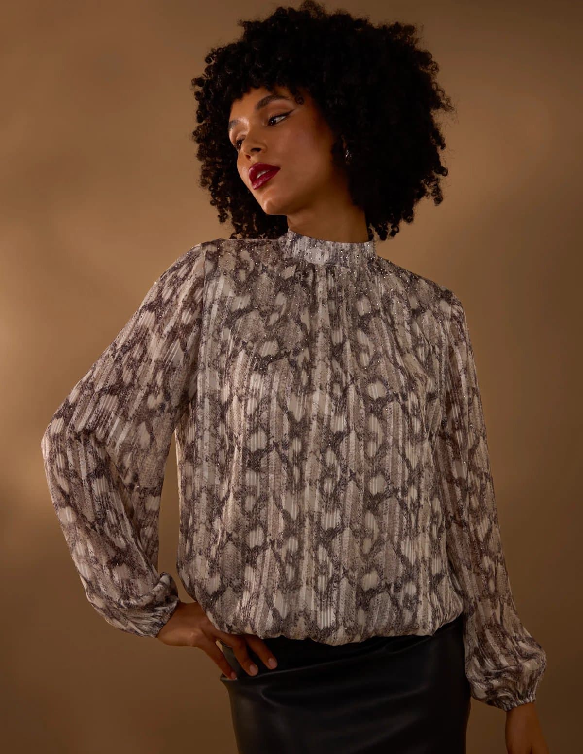 Blue Vanilla Rhinestone Studded Snake Print Blouse