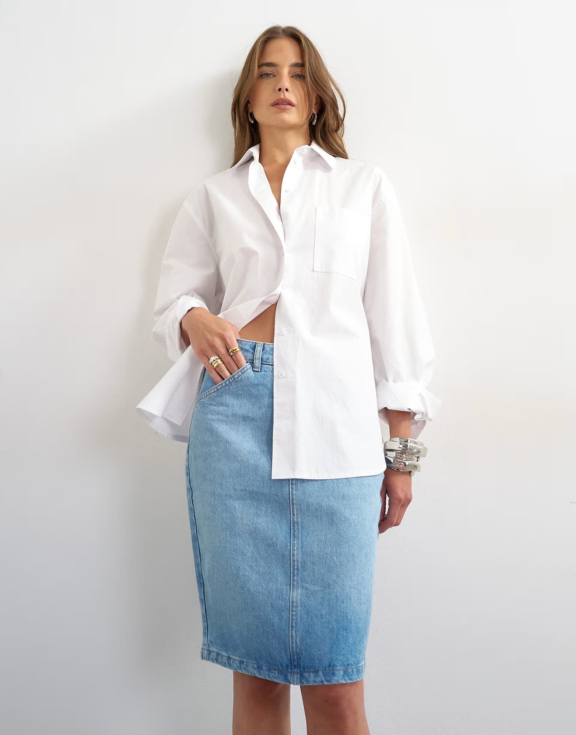 ASOS Topshop denim 90s midi skirt in bleach