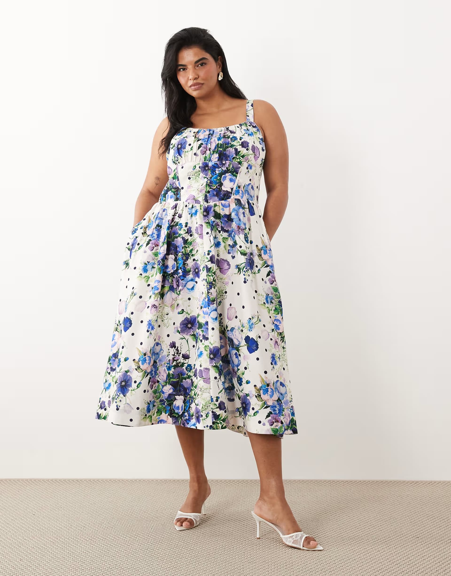 ASOS Hope & Ivy Plus a-line strappy corset midi dress in white and blue spot floral print