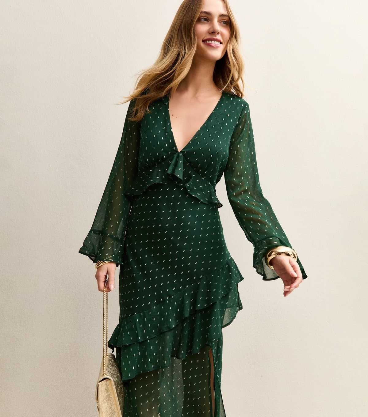 New Look Women's Dark Green Foil Spot Ruffle Trim Midi Dress New Look
