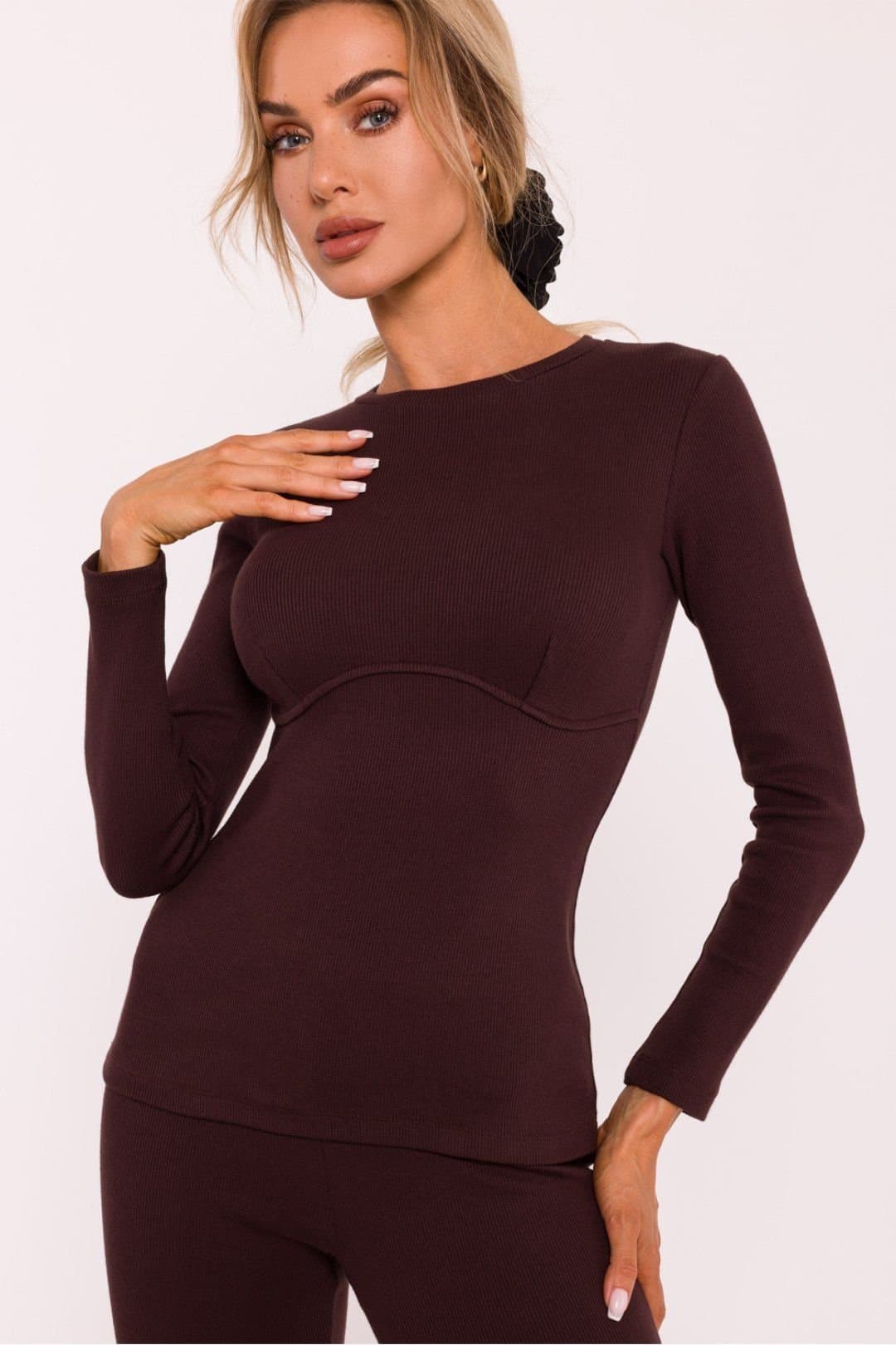 Love Lace Love Lace Women's Ribbed Cotton Corset Style Long Sleeve Blouse in Brown