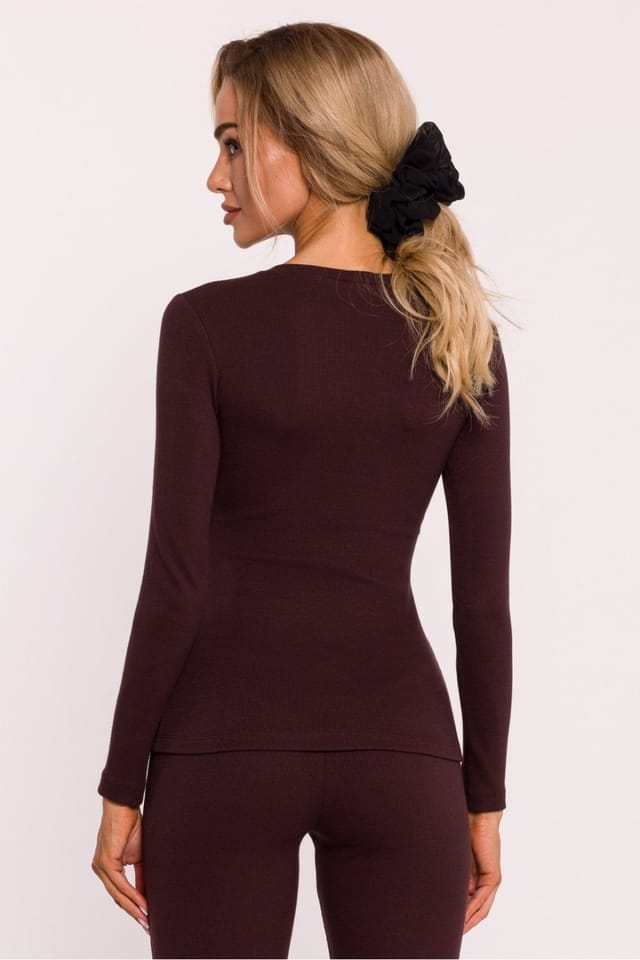 Love Lace Love Lace Women's Ribbed Cotton Corset Style Long Sleeve Blouse in Brown - 3