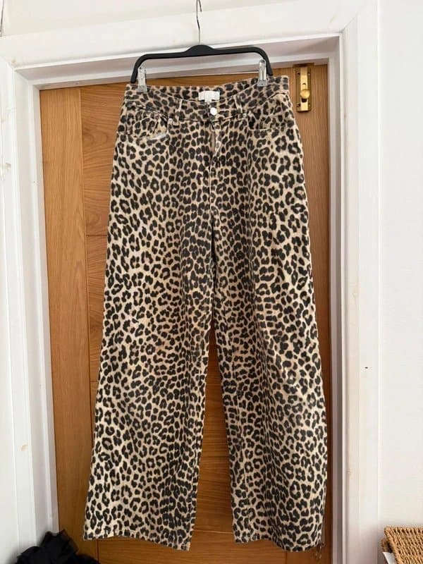 H&M H&M Leopard Print Beige & Brown Animal 100% Cotton High Waisted Wide Leg Denim Jeans