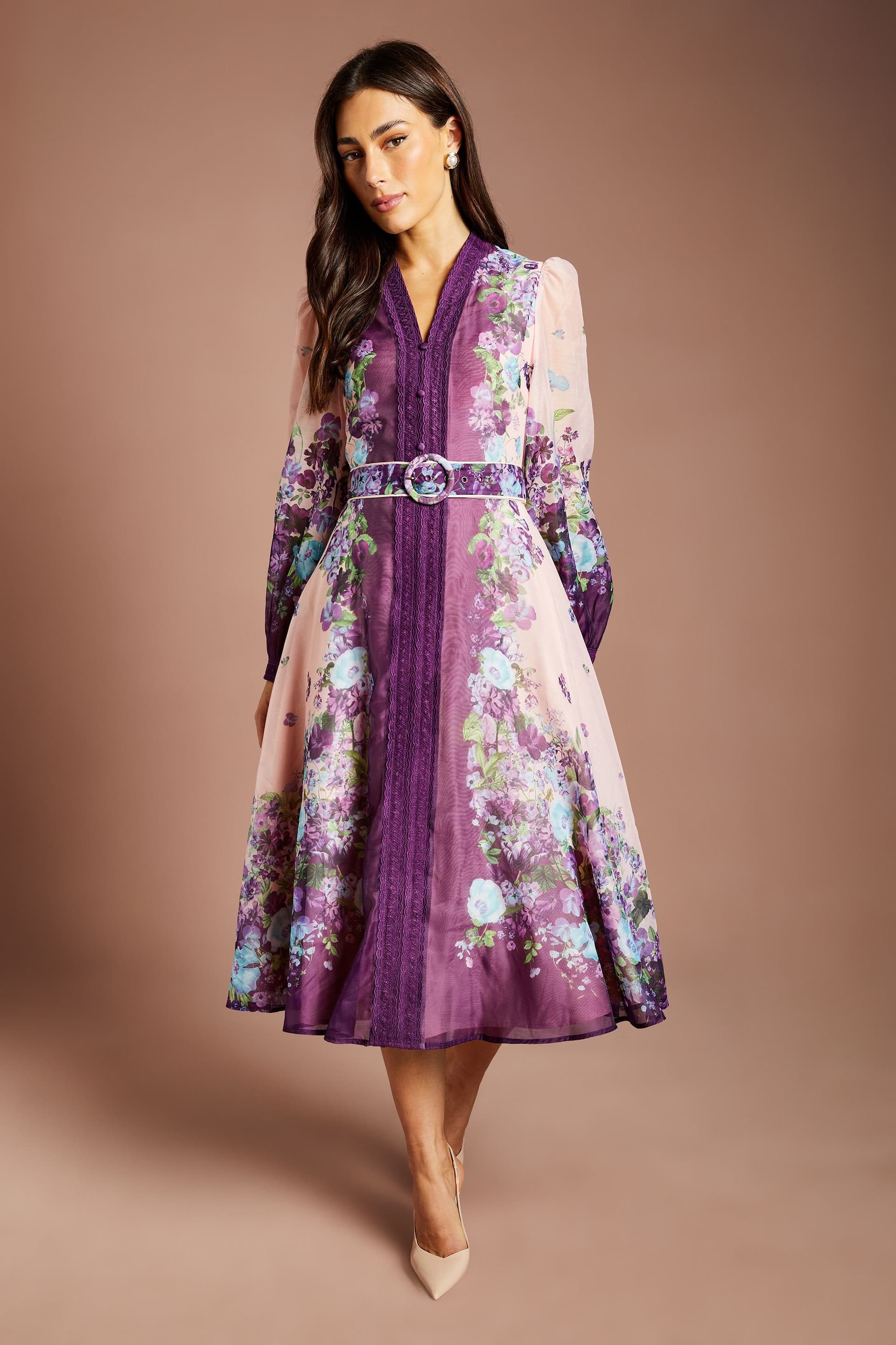 Coast Coast Women's Long Sleeve Organza Midi Dress With Belt in Purple