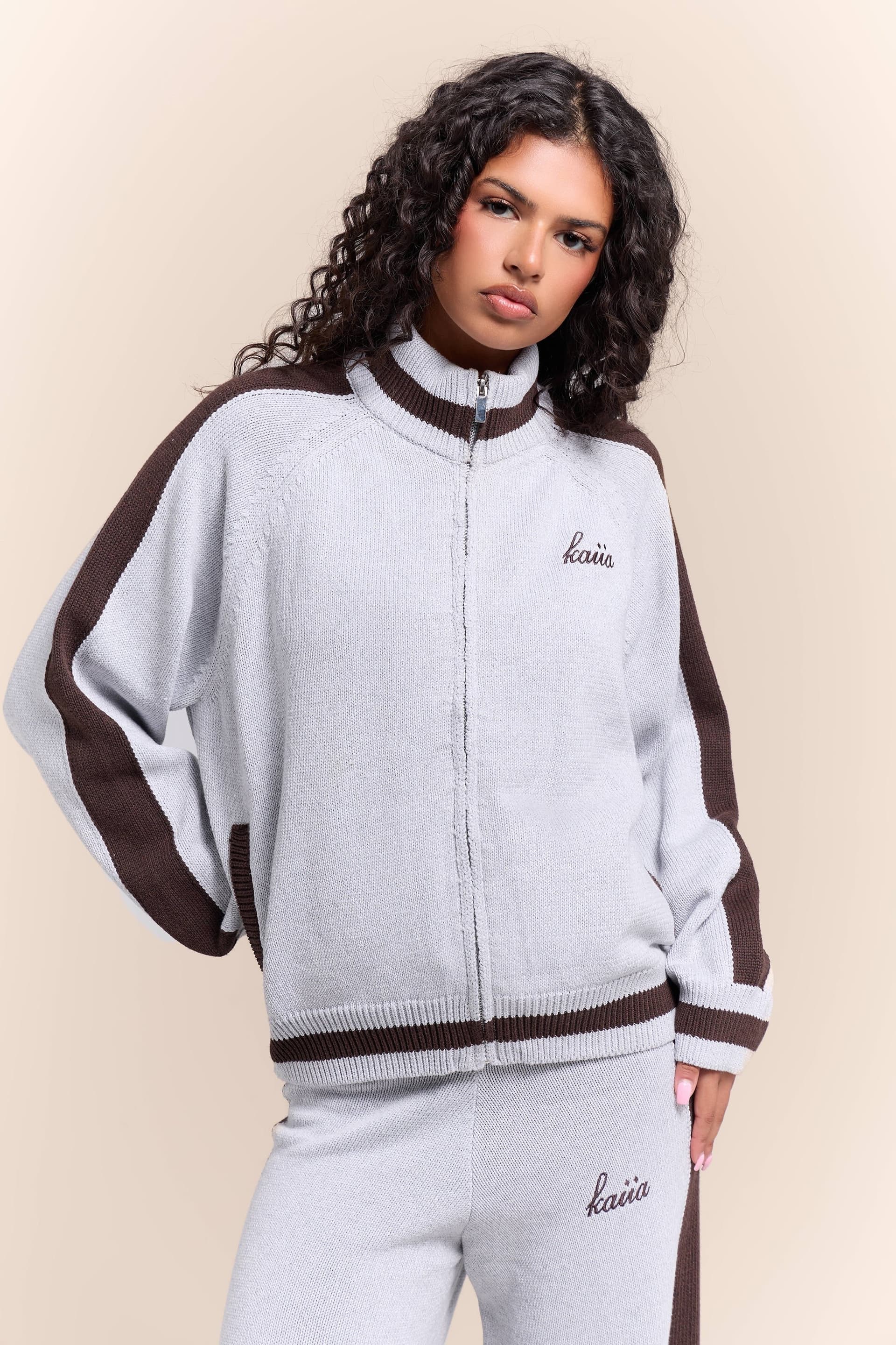 Kaiia Kaiia Knit Sport Stripe Zip Through Sweatshirt Grey Marl & Chocolate