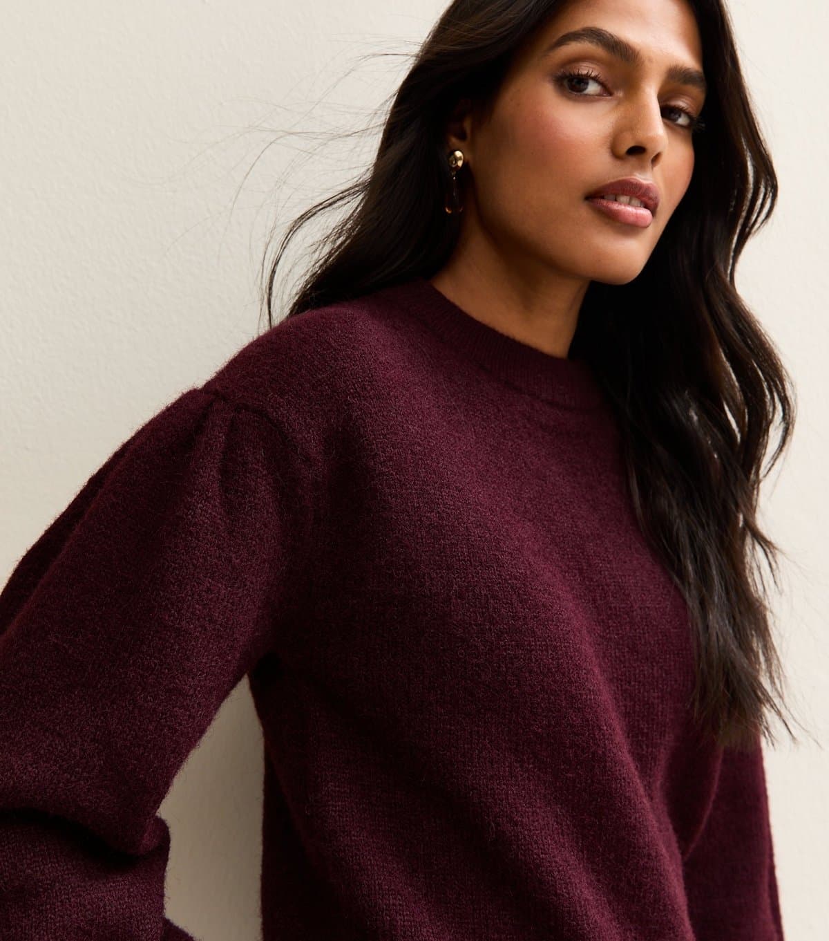 New Look Women's Dark Burgundy Puff Sleeve Crew Neck Jumper New Look