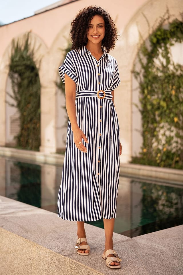 Yumi Yumi Women's White & Navy Stripe Print Relaxed Midi Shirt Dress With Belt - 2