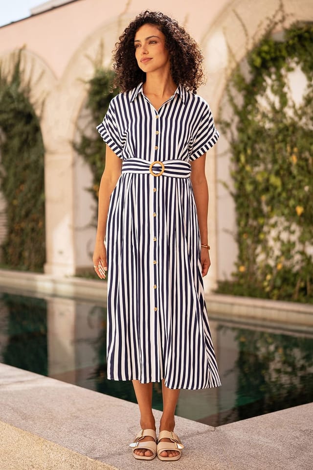 Yumi Yumi Women's White & Navy Stripe Print Relaxed Midi Shirt Dress With Belt - 3
