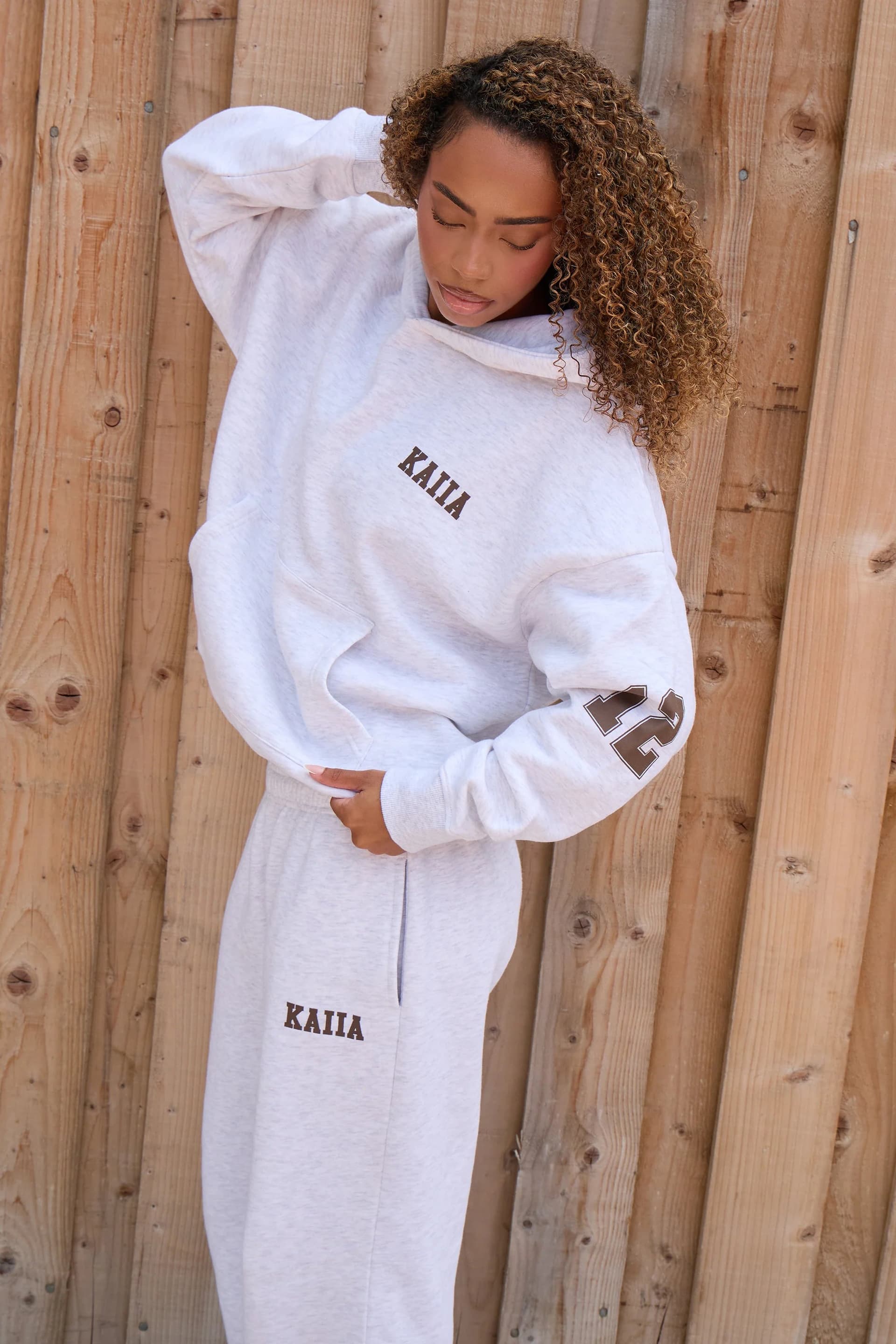 Kaiia Kaiia 12 Sport Graphic Oversized Hoodie Light Grey Marl & Dusty Brown