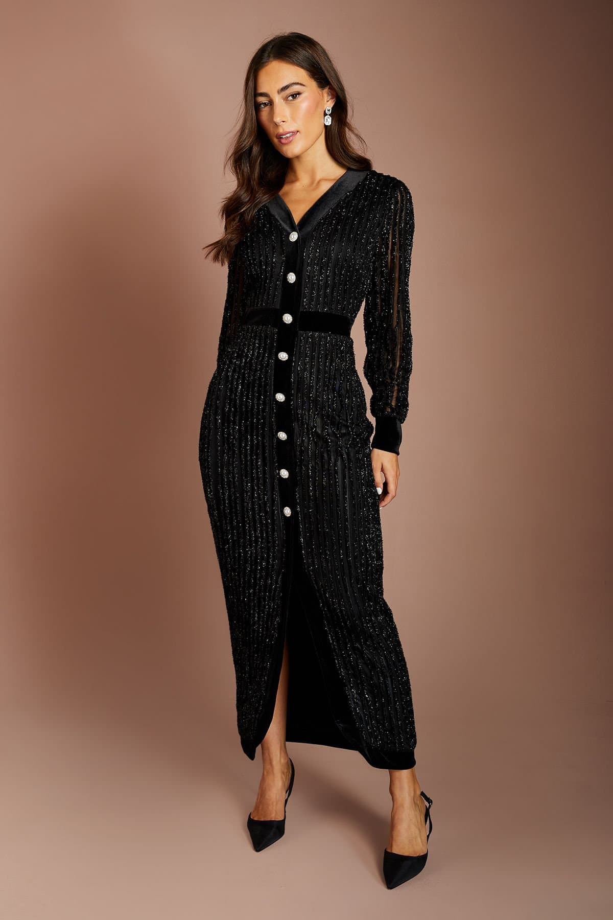 Coast Coast Women's V Neck Textured Long Sleeve Button Detail Midi Dress in Black
