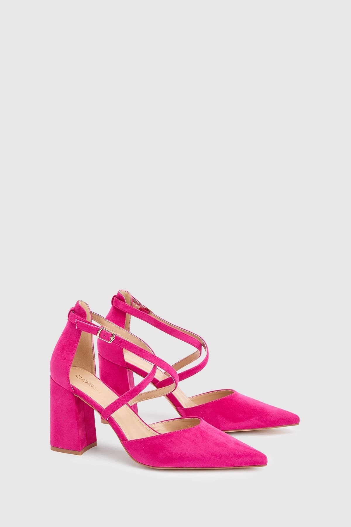 Coast Coast Women's Wide Fit Treat Faux Suede Cross Strap Pointed Block Heel Court Shoes in Magenta