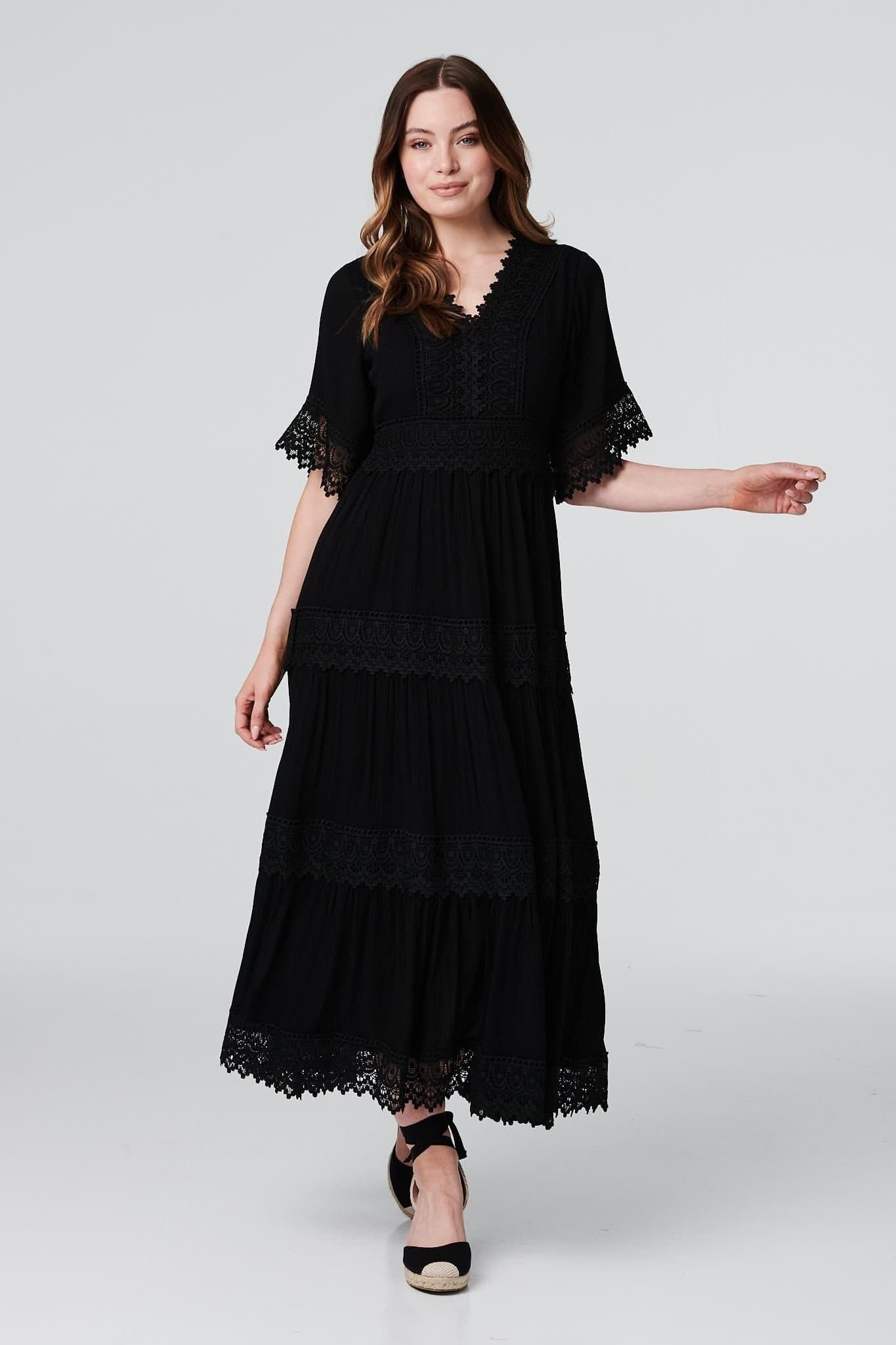 Izabel London Izabel London Women's Short Sleeve Crochet Maxi Dress in Black