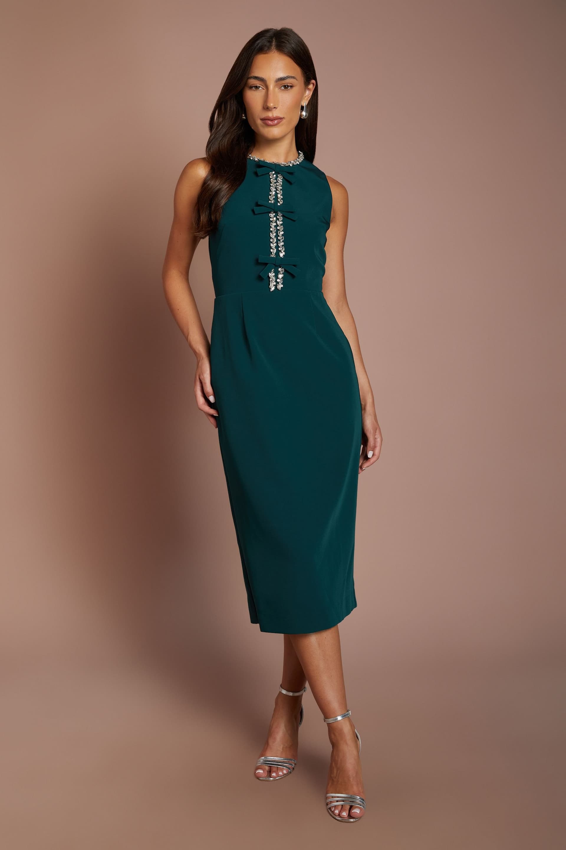 Coast Coast Women's Sleeveless Crepe Midi Dress With Diamante Bow Detail in Emerald