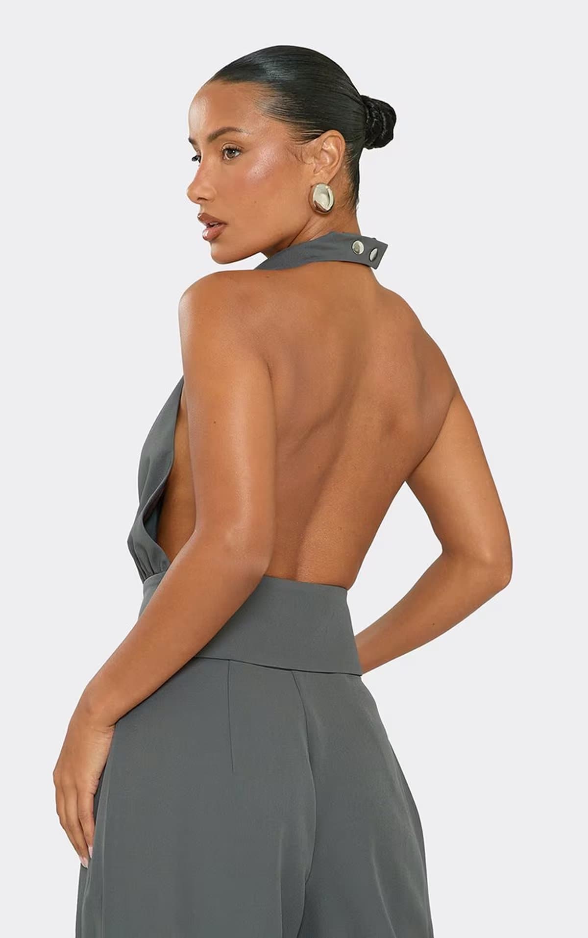 EGO High Neck Fitted Waist Backless Tailored Top In Charcoal, Women's Size UK 6