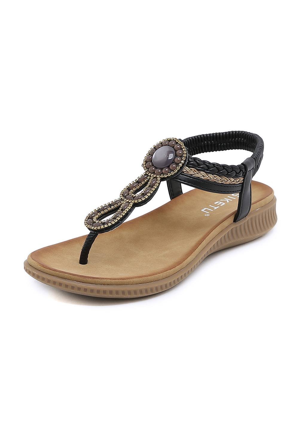 MODISHION MODISHION Women's Boho Casual Rhinestone Beach Sandals in Black - 4