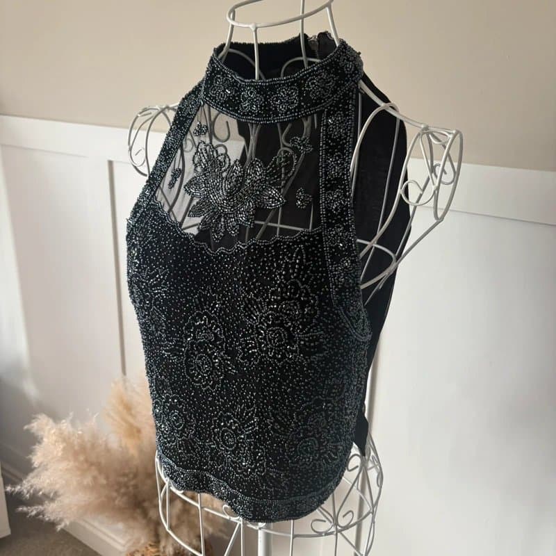 Topshop Topshop Black Beaded Halter Neck Top Embellished Party Going Out Top UK 10