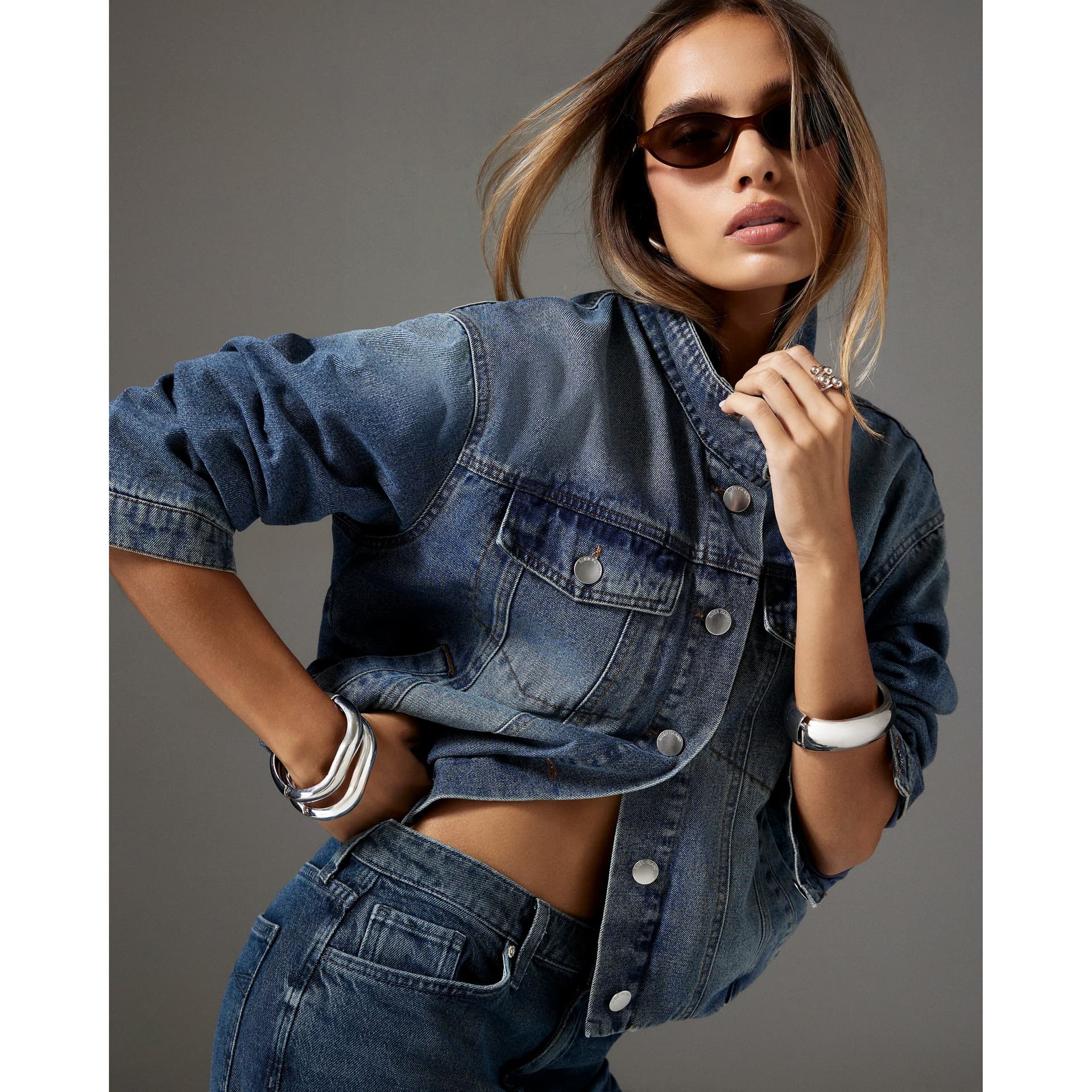 River Island River Island Womens Blue Funnel Neck Denim Bomber Jacket