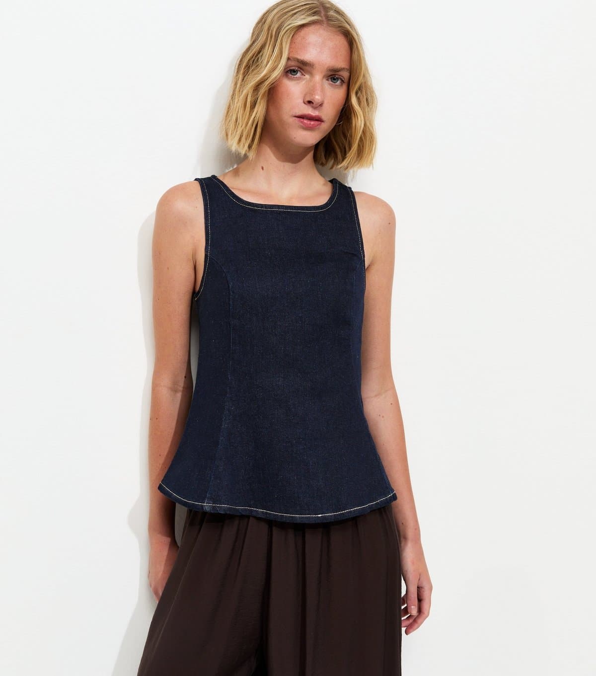 New Look Women's Navy Denim Sleeveless Flared Top New Look