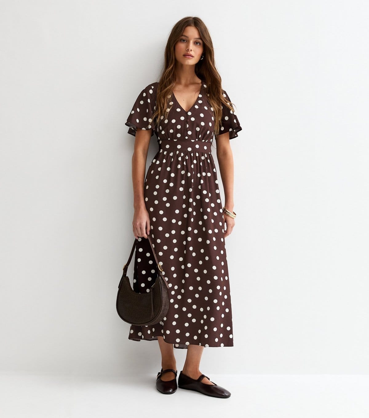 New Look Brown Polka Dot Flutter Sleeve Midi Dress