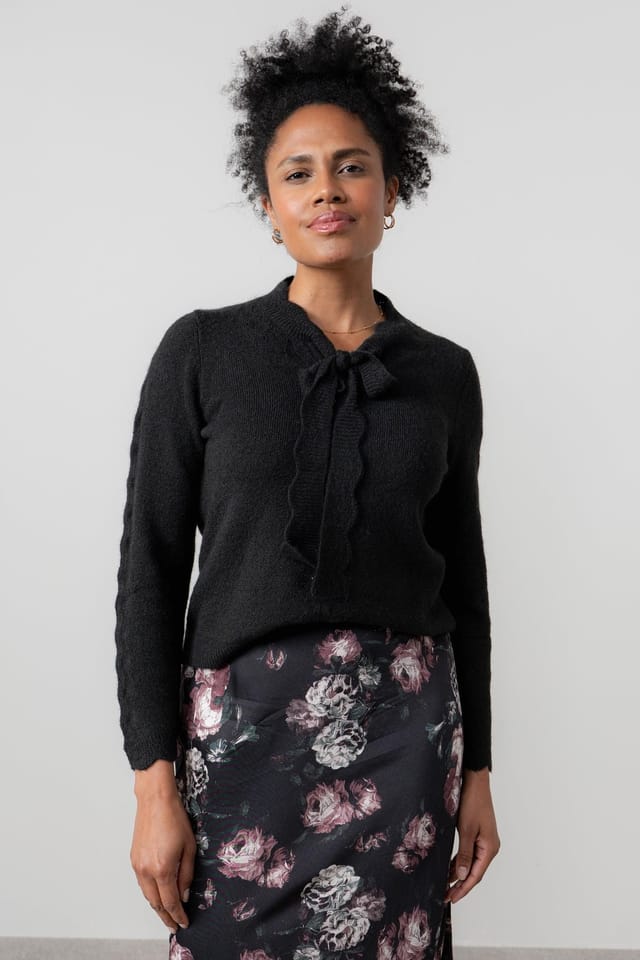 Lily & Me Lily & Me Women's Elise Tie Neck Blended yarn Pointelle Knit Jumper in Black - 3
