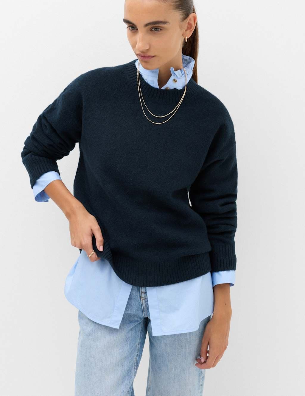 Marks & Spencer M&S Crew Neck Jumper With Wool Midnight Navy