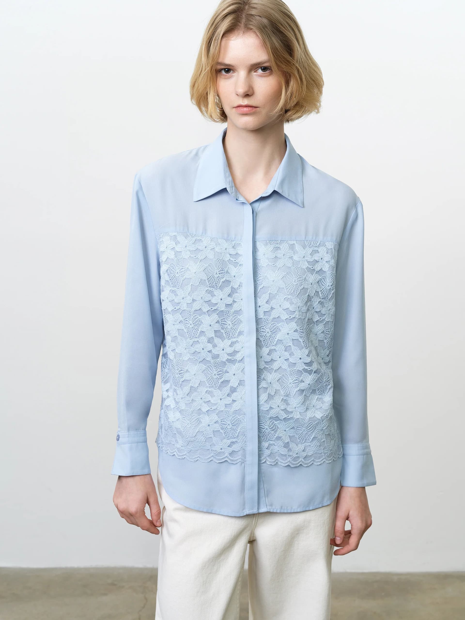 French Connection Mila Lace Layered Long Sleeve Light Blue Shirt Pretty Blue