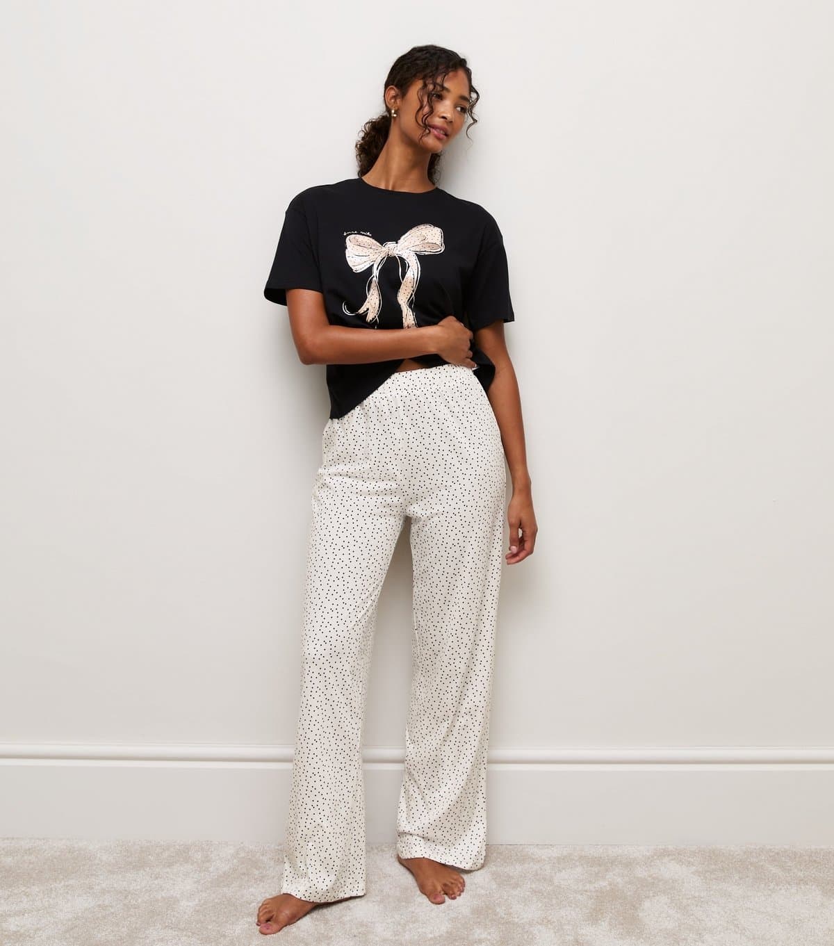 New Look Women's Black Cotton Bow Pyjama Trousers Set New Look