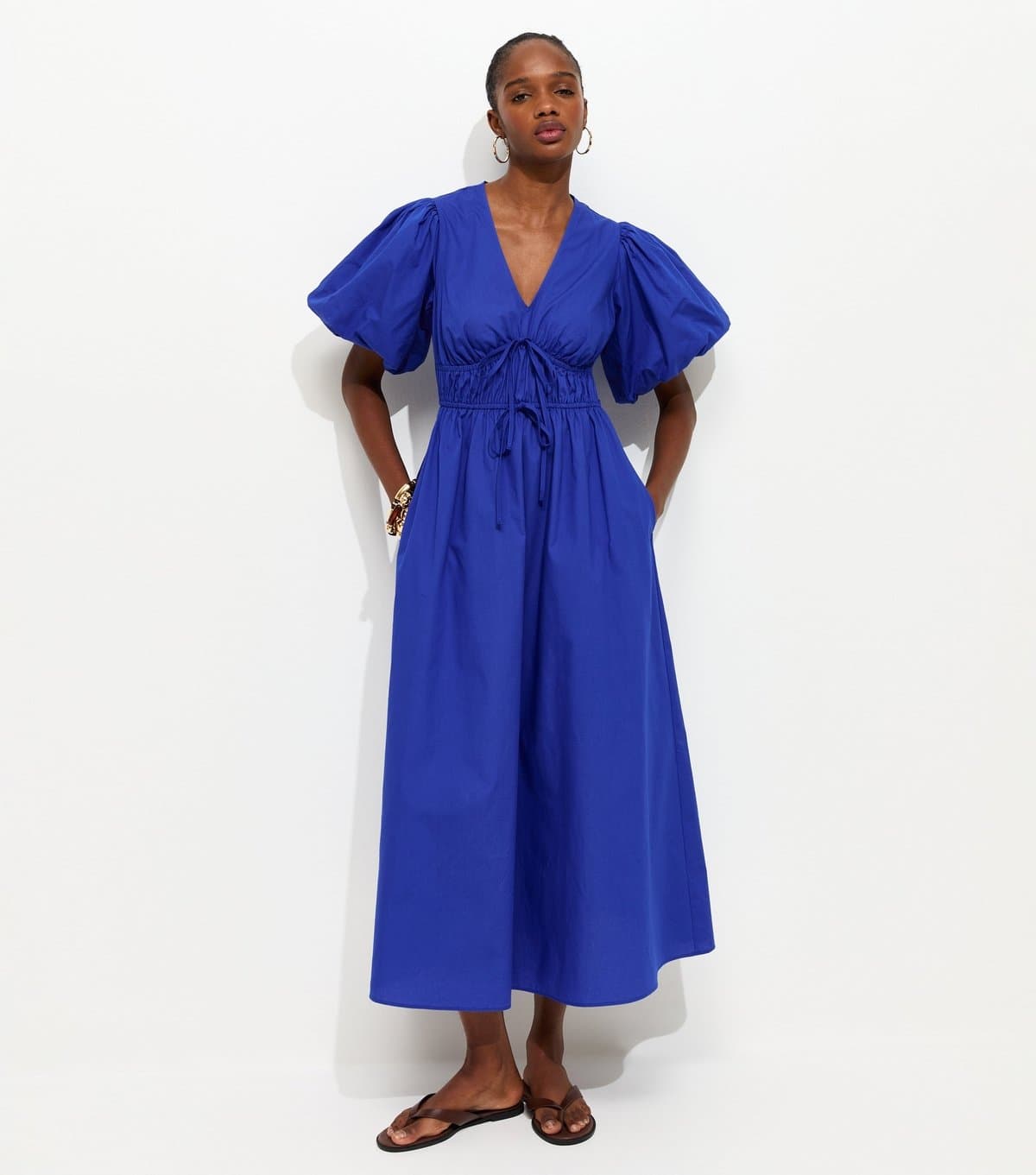 New Look Women's Bright Blue Cotton Puff Sleeve Midi Dress New Look