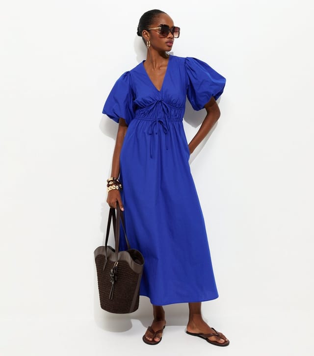 New Look Women's Bright Blue Cotton Puff Sleeve Midi Dress New Look - 2