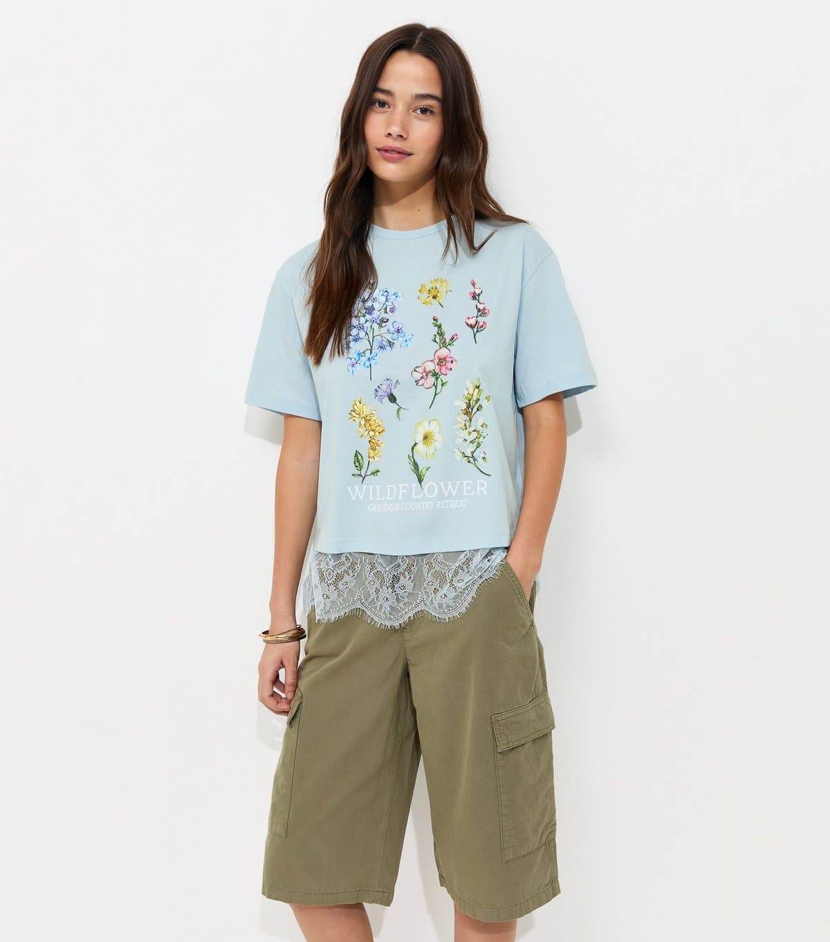 New Look New Look Light Blue Cotton Wildflower Lace Hem Boxy T-Shirt