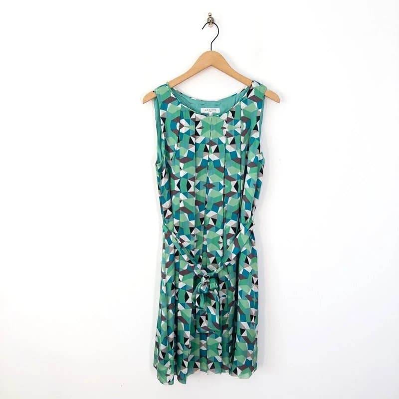 LK Bennett L.K. Bennett Womens Kaysa Silk Dress Size 14 Green Geometric Pintuck Pleated
