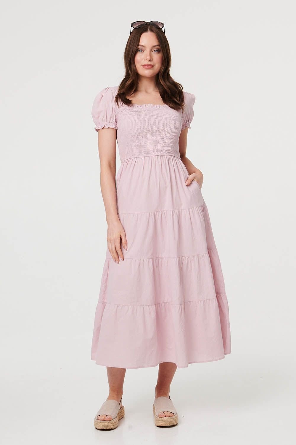 Izabel London Pink Midi Dress with Puff Sleeves