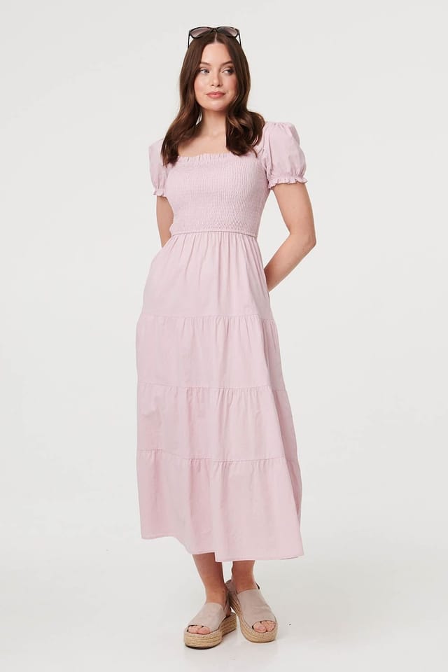 Izabel London Izabel London Women's Tiered Shirred Puff Sleeve Midi Dress in Pink - 2