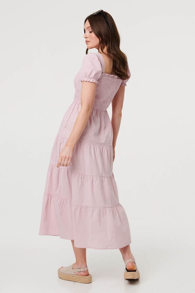 Izabel London Izabel London Women's Tiered Shirred Puff Sleeve Midi Dress in Pink - 3