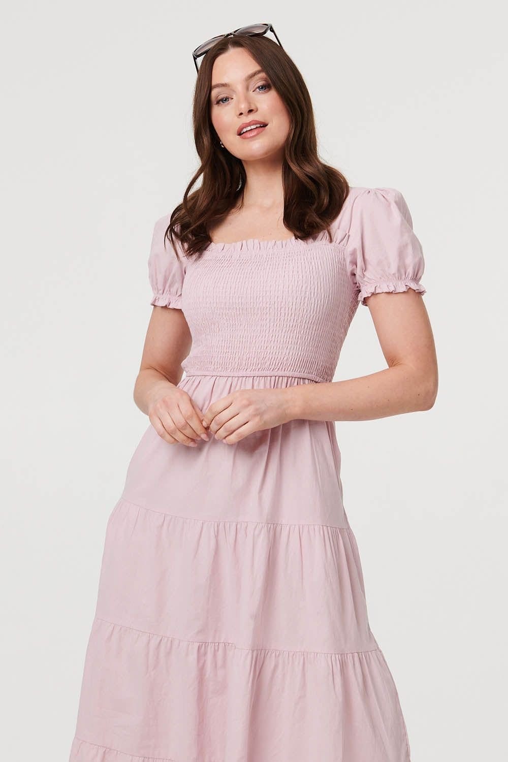 Izabel London Izabel London Women's Tiered Shirred Puff Sleeve Midi Dress in Pink - 4