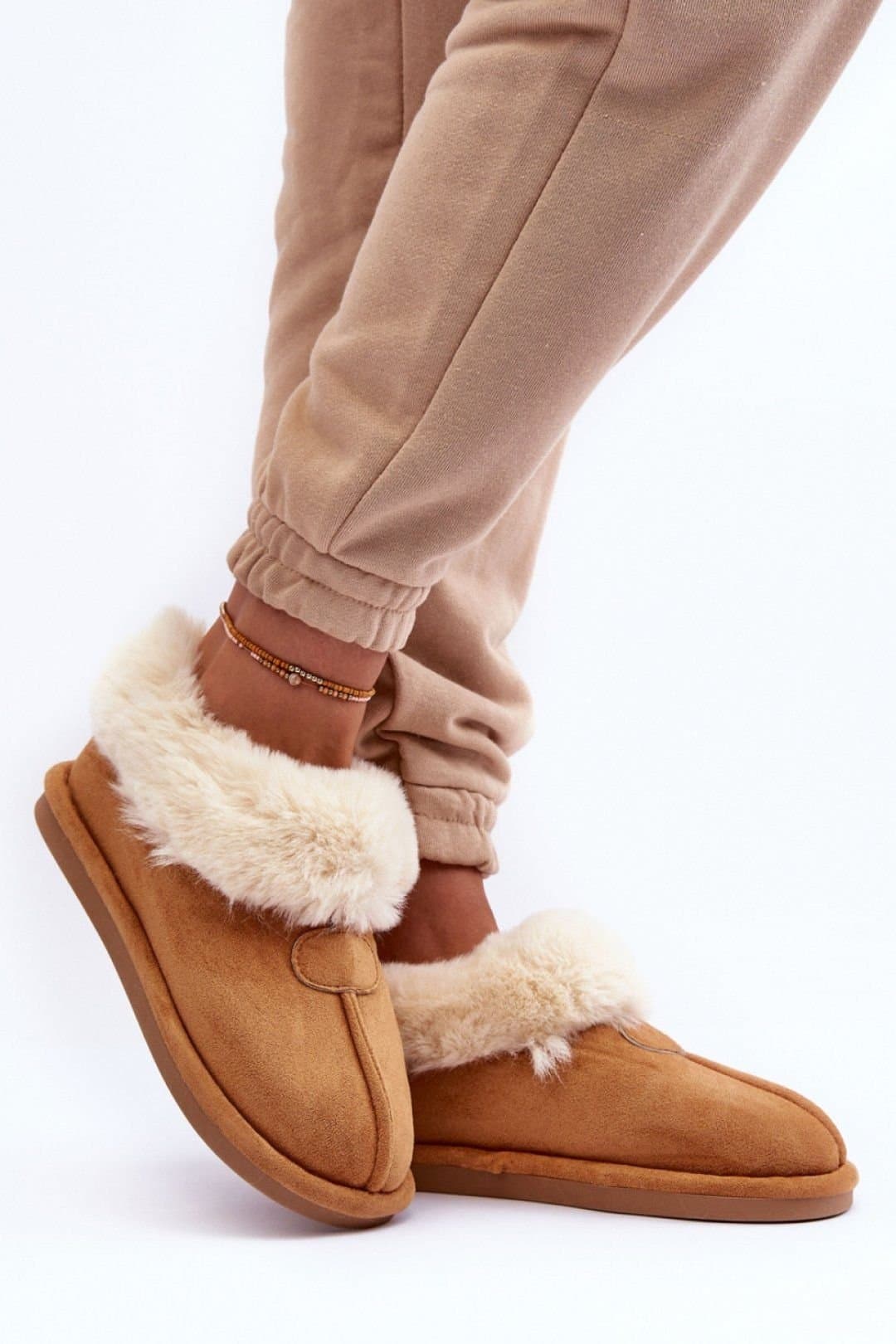 Love Lace Love Lace Women's Slip On Fur Lined Suede Home Slippers Non Slip Low Platform in Brown
