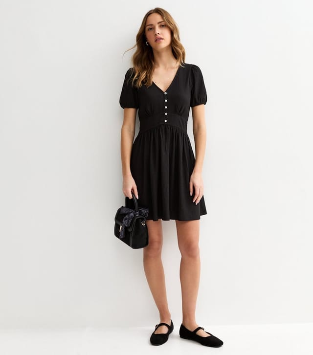 New Look Women's Black Button Through Crinkled Mini Dress New Look - 3