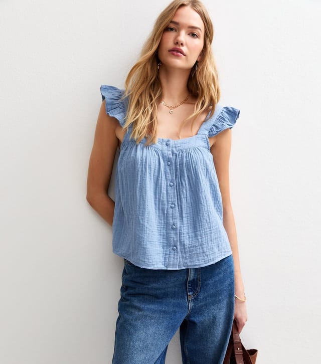 New Look Women's Blue Frilly Sleeve Button Up Top New Look - 2
