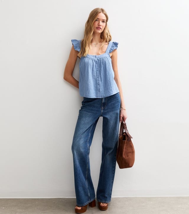 New Look Women's Blue Frilly Sleeve Button Up Top New Look - 3