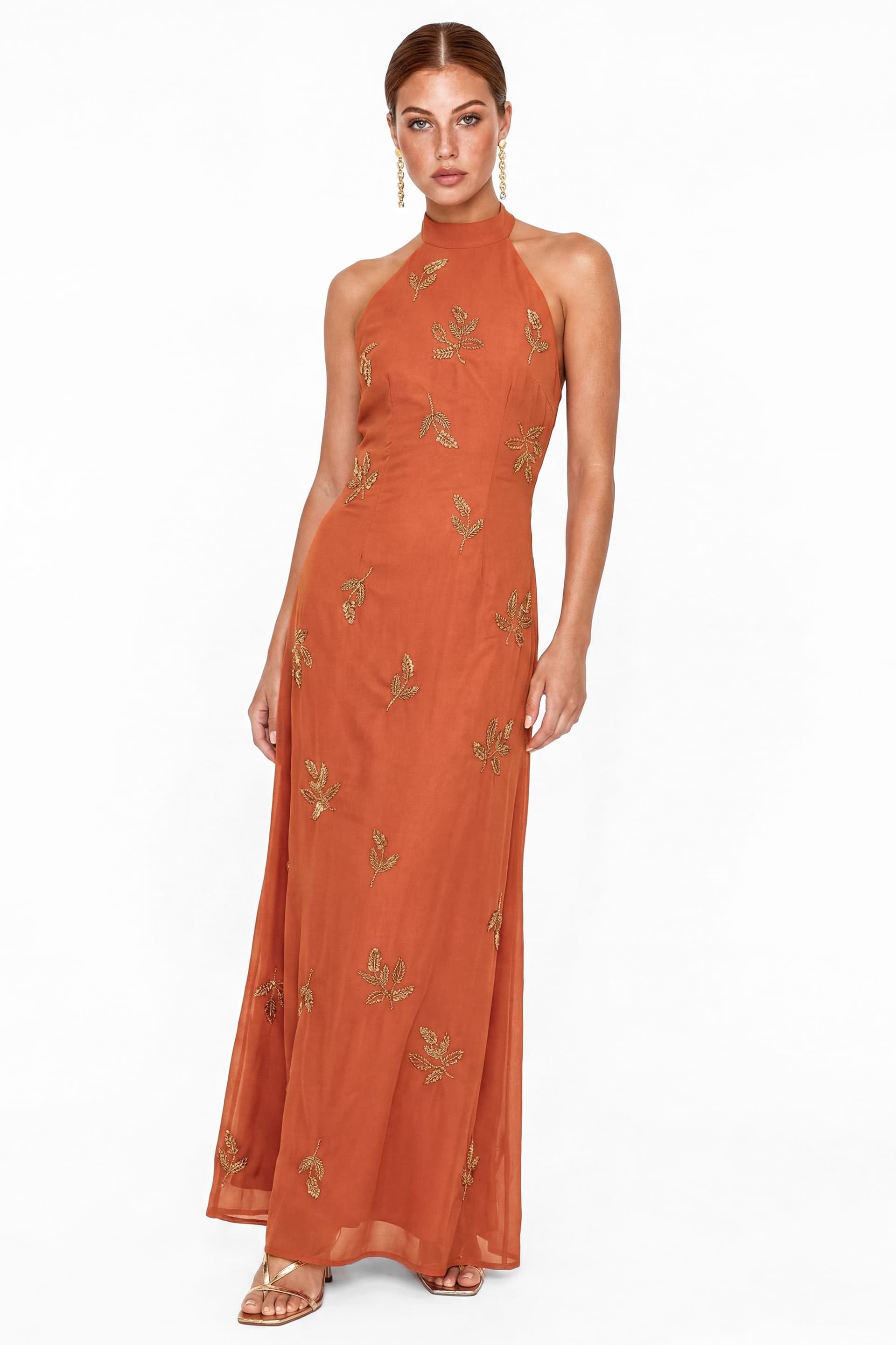 Maya Deluxe Maya Deluxe Women's Embellished Halter Neck Open Back Maxi Dress in Burnt Orange