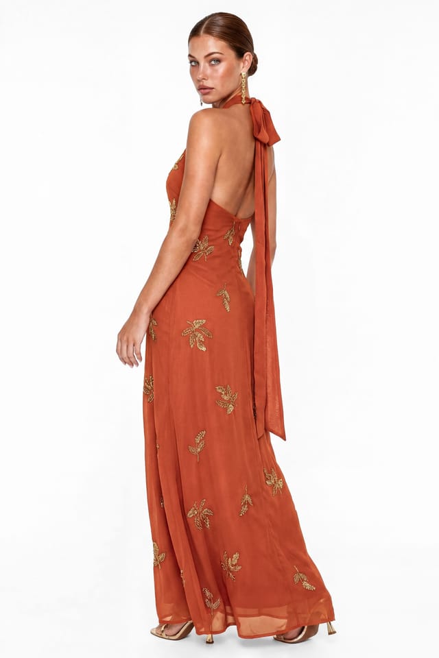 Maya Deluxe Maya Deluxe Women's Embellished Halter Neck Open Back Maxi Dress in Burnt Orange - 2