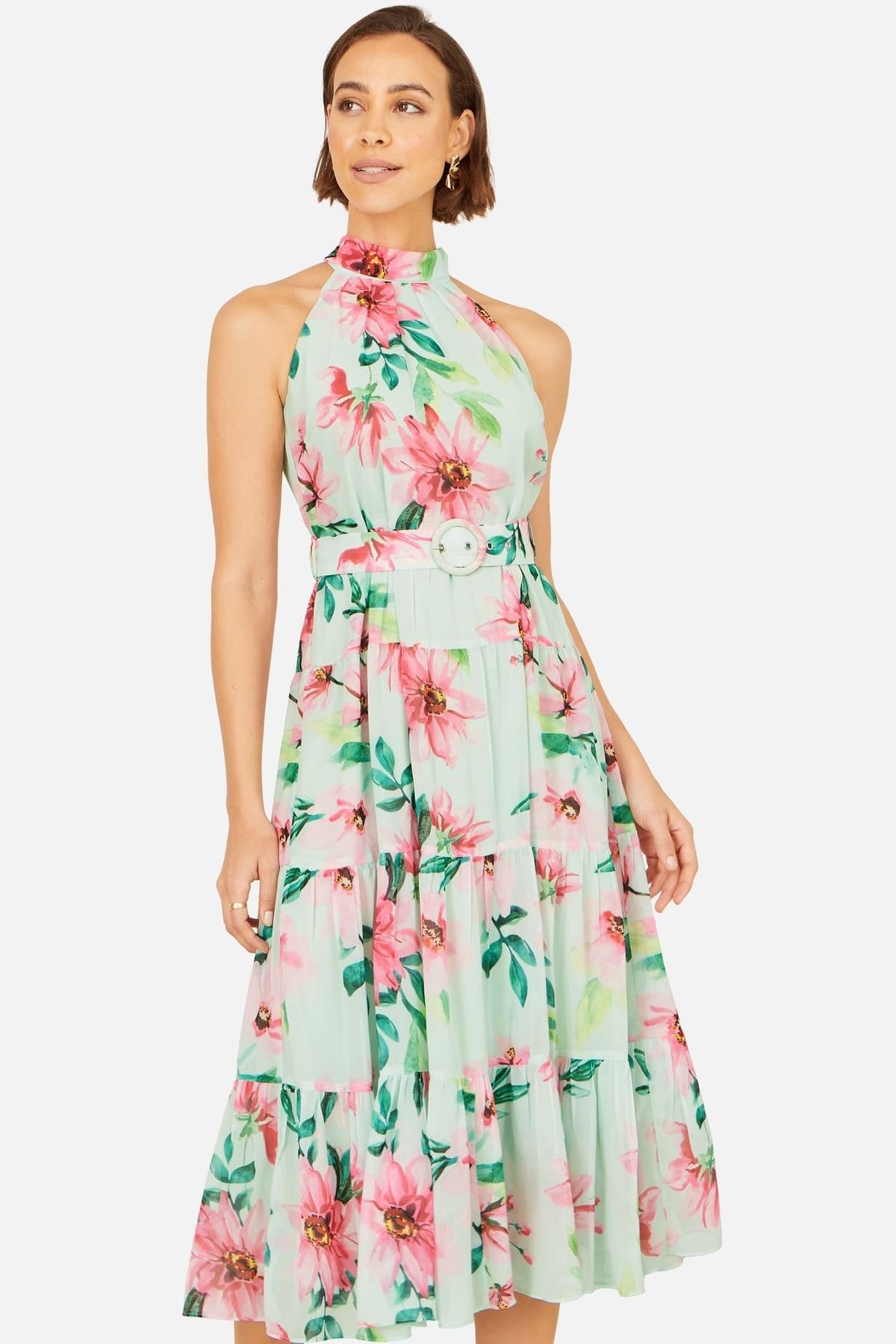 Yumi Women's Mint Floral Halter Dress With Matching Belt