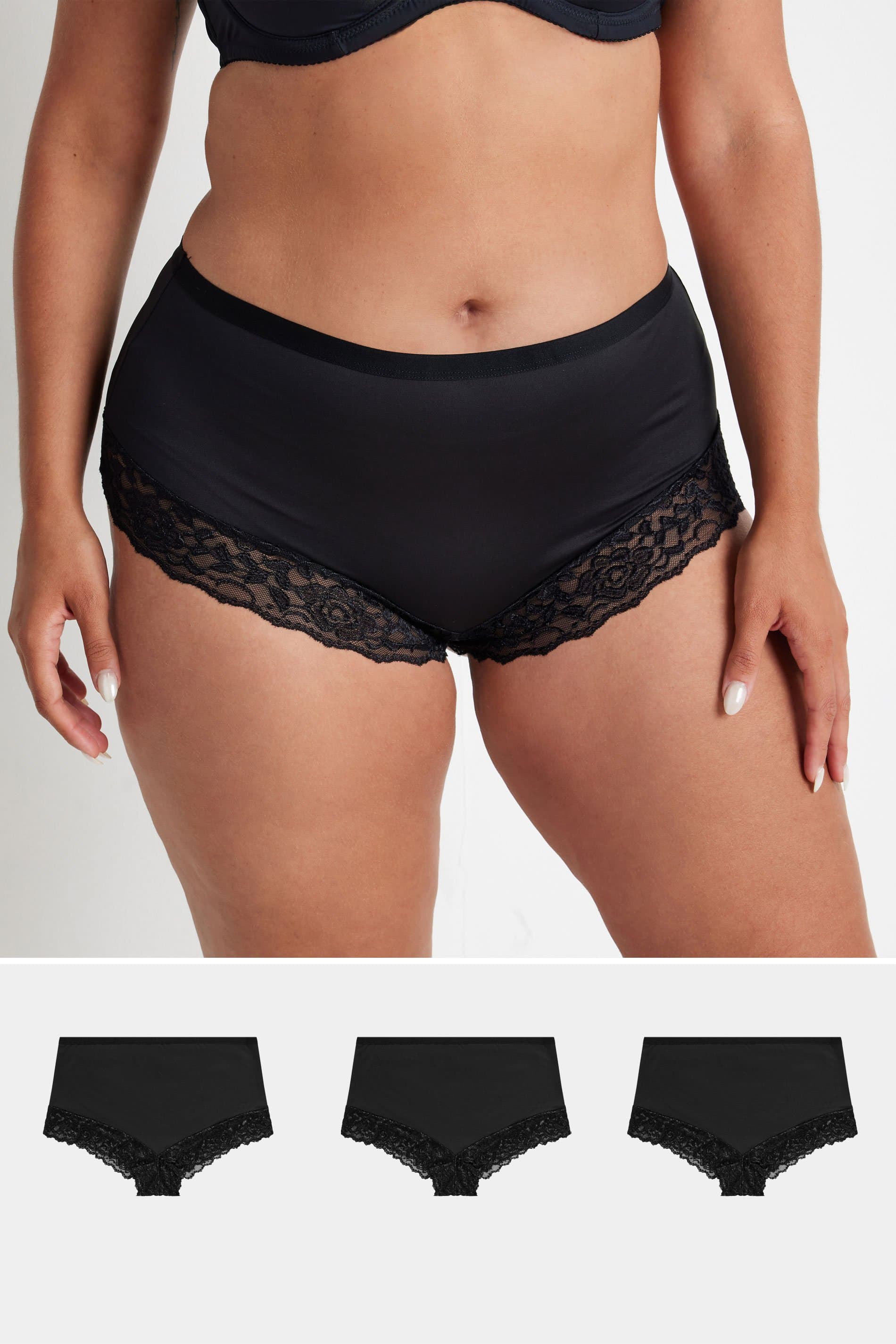 Yours 3 Pack Plus Size Black Lace Trim Briefs