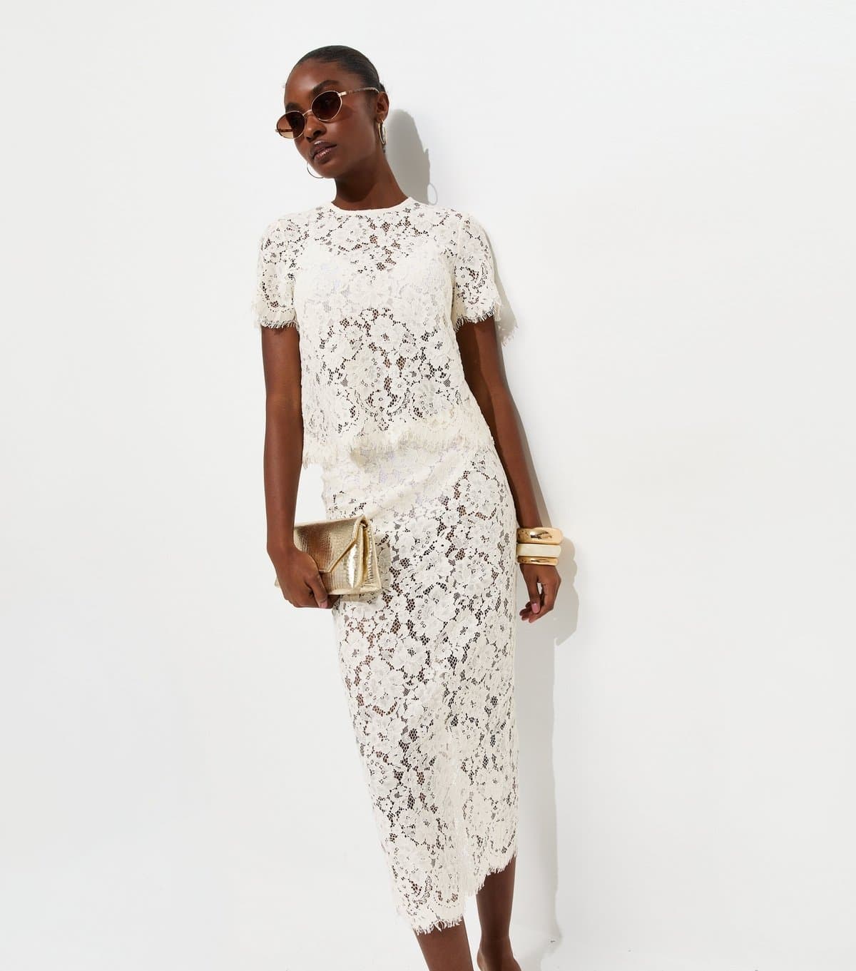 New Look New Look Off White Lace Midi Skirt