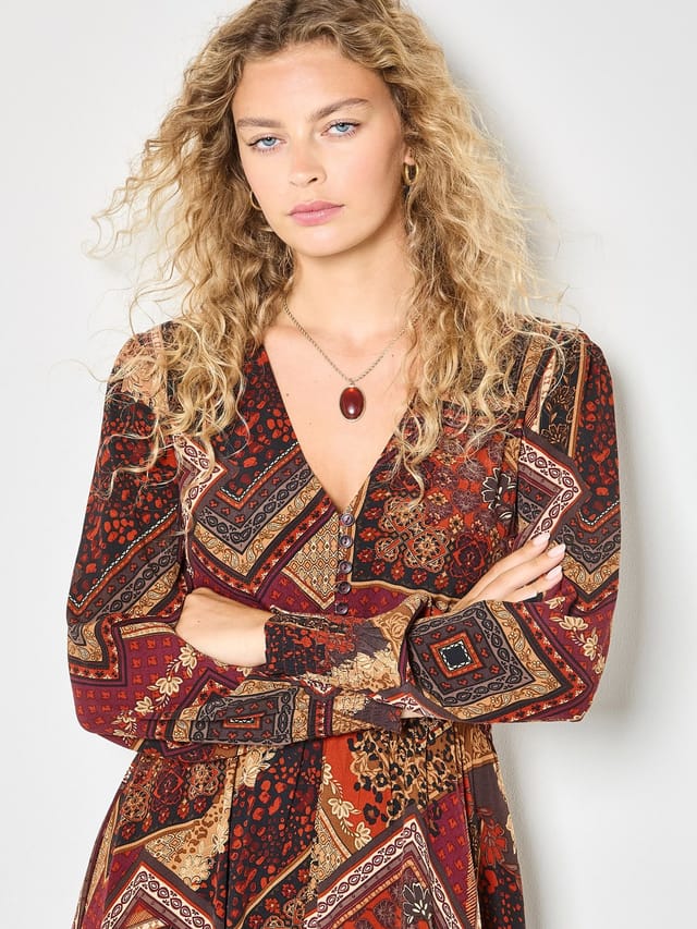 Apricot Apricot Women's Patchwork Print Hanky Hem Midaxi Dress in Burgundy - 2