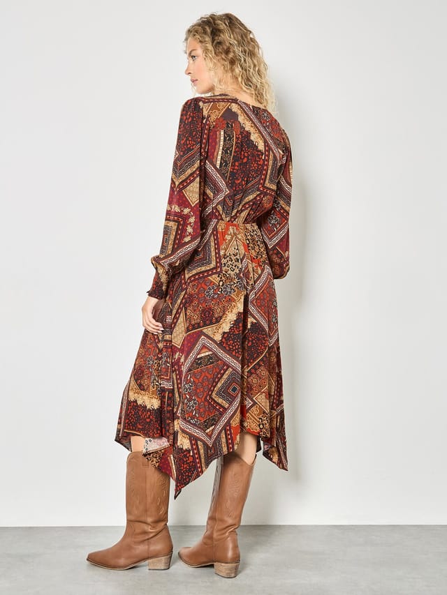Apricot Apricot Women's Patchwork Print Hanky Hem Midaxi Dress in Burgundy - 3