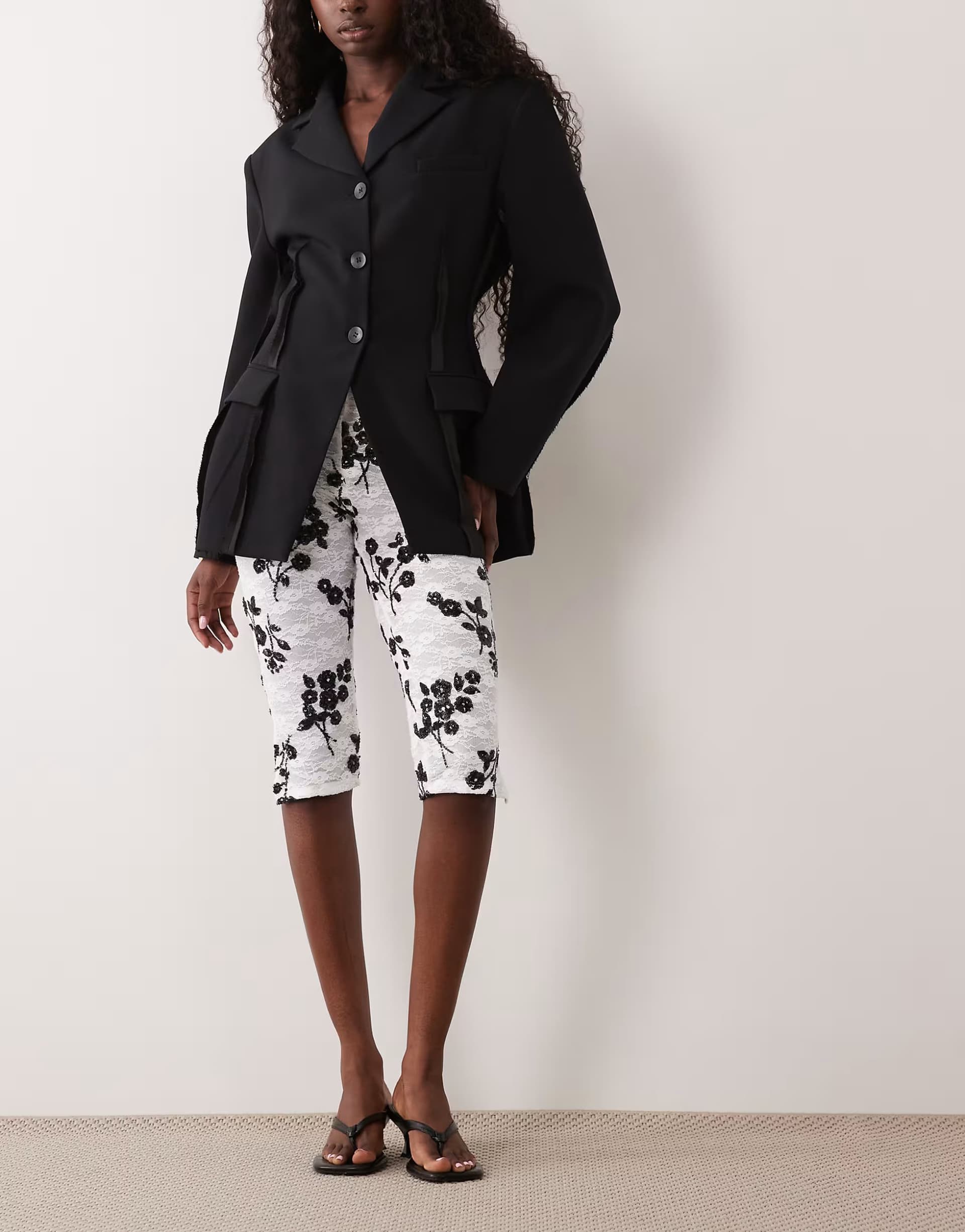 ASOS ASOS DESIGN sequin lace capri trouser in black and white floral