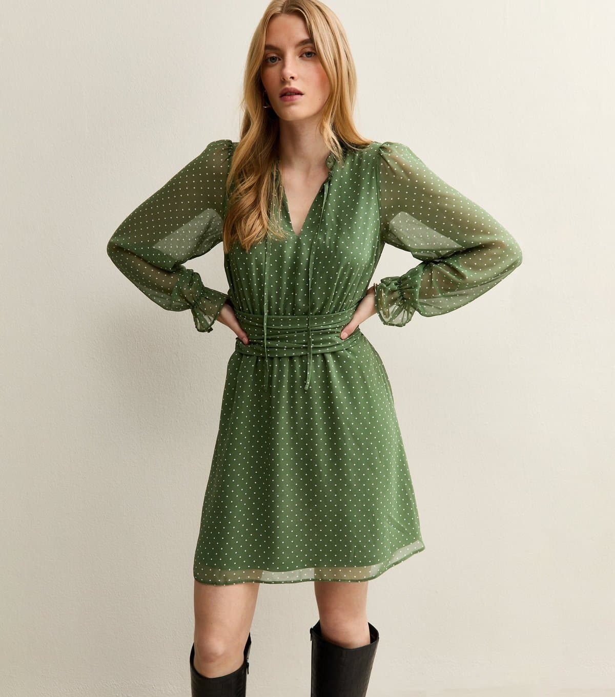 New Look Women's Green Spot Print Chiffon Mini Dress New Look